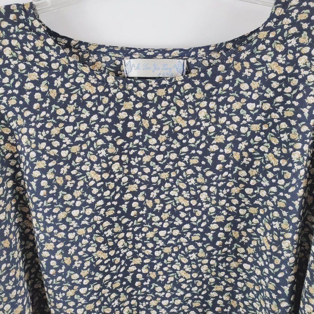 Asymmetrical Navy Floral Cold Shoulder Top + Short Billowy Ruffled Sleeves Sz S - Picture 5 of 12
